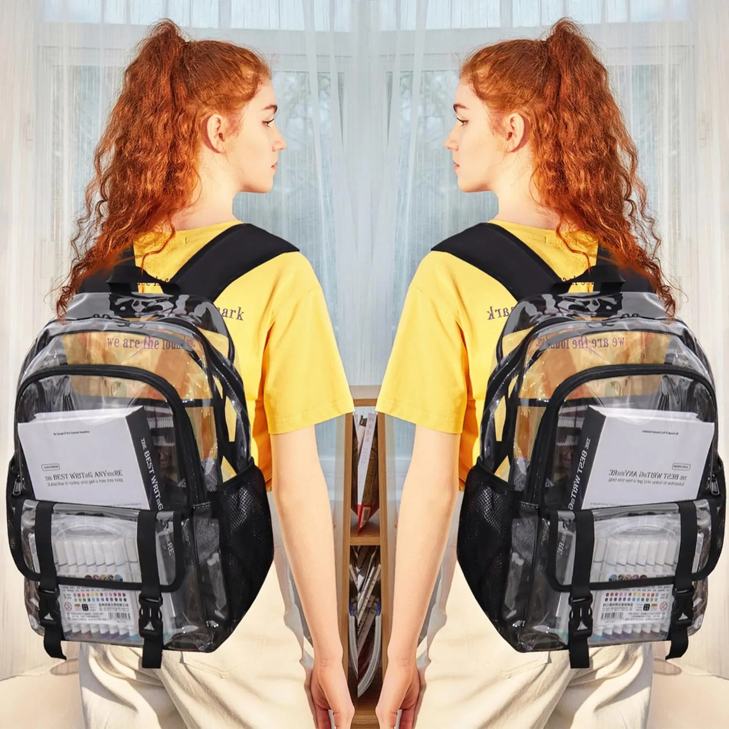 Clear Backpack, Large Clear Bag Stadium Heavy Duty PVC Transparent See Through Backpacks for Boys Girls, College, Work, Black