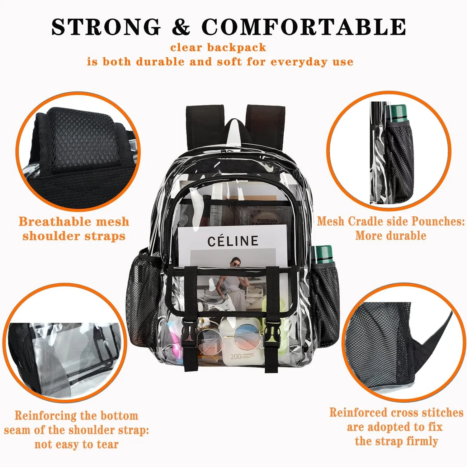Clear Backpack, Large Clear Bag Stadium Heavy Duty PVC Transparent See Through Backpacks for Boys Girls, College, Work, Black