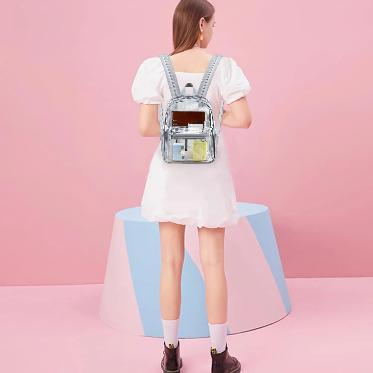 Clear Mini Backpack Stadium Approved 12x12x6 Small Transparent Backpacks Plastic See Through Bag for Work Festival Security Travel