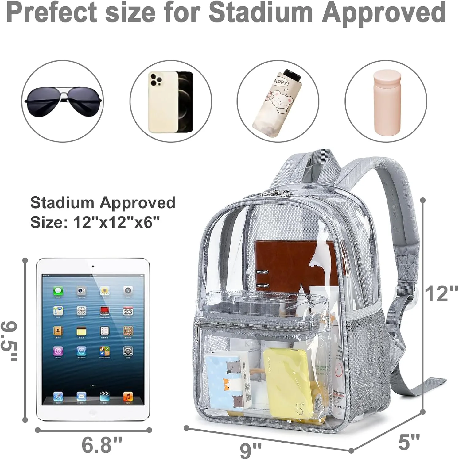 Clear Mini Backpack Stadium Approved 12x12x6 Small Transparent Backpacks Plastic See Through Bag for Work Festival Security Travel