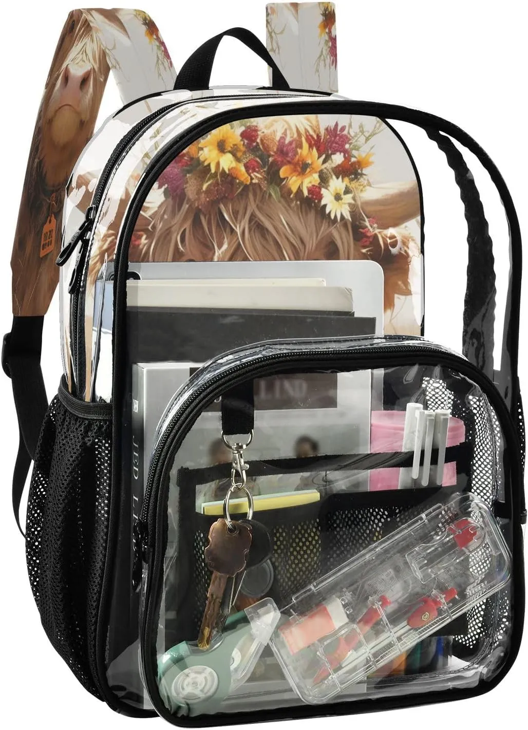 Clear School Backpacks Kids Clear Backpack For Adults Seethrough Heavy Duty Bag A Highland Calf with A Flower Crown Standing in A Grassy Field