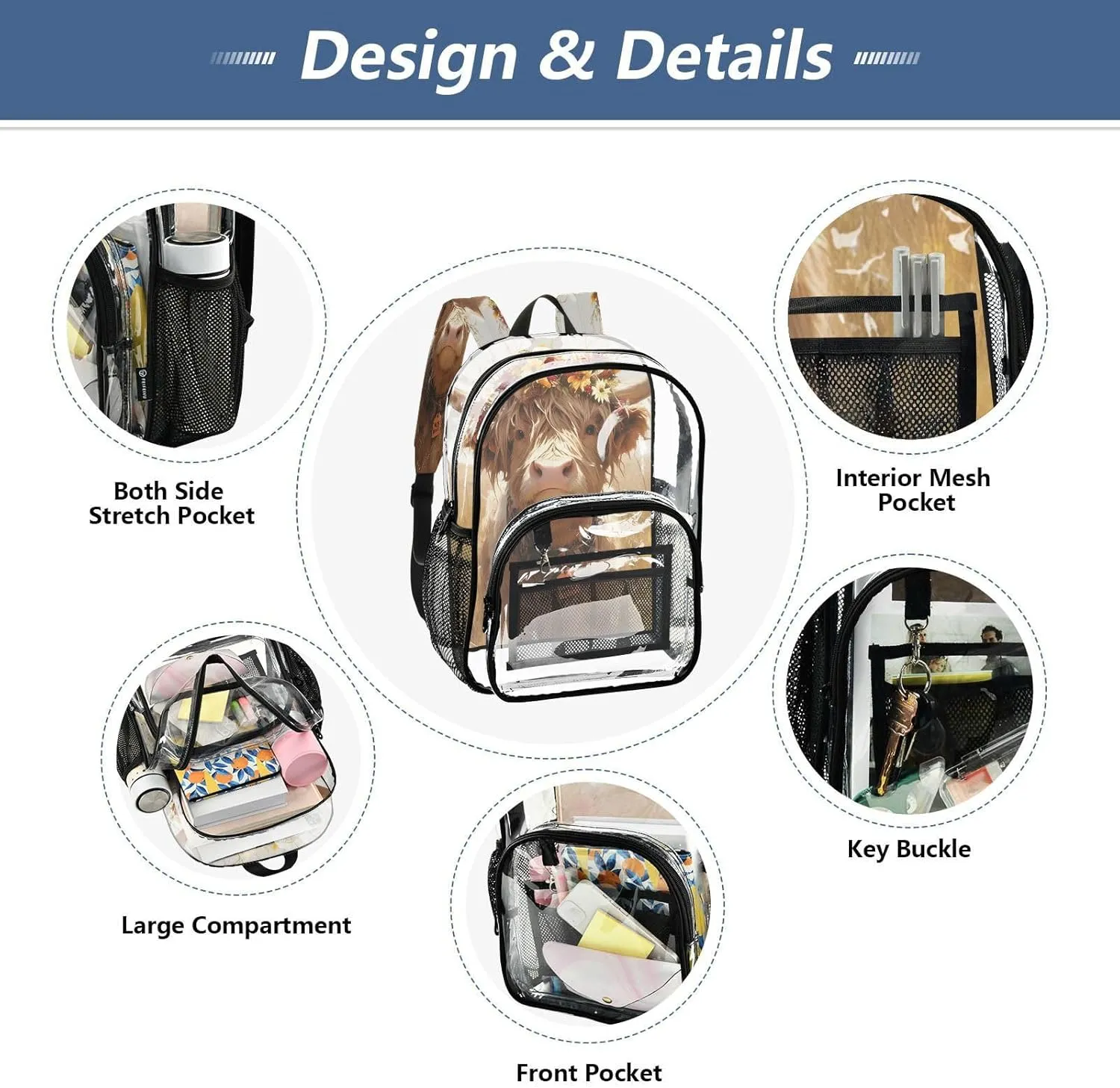 Clear School Backpacks Kids Clear Backpack For Adults Seethrough Heavy Duty Bag A Highland Calf with A Flower Crown Standing in A Grassy Field