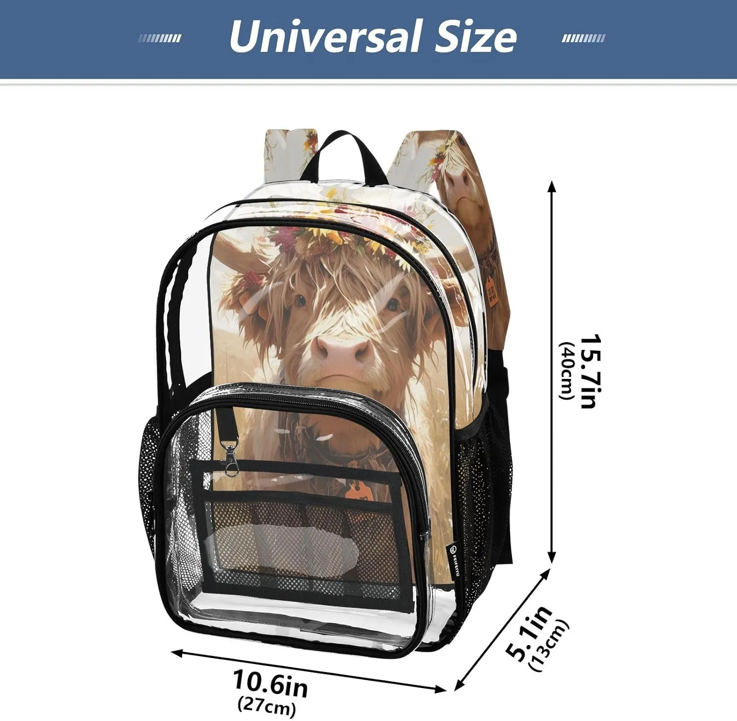 Clear School Backpacks Kids Clear Backpack For Adults Seethrough Heavy Duty Bag A Highland Calf with A Flower Crown Standing in A Grassy Field