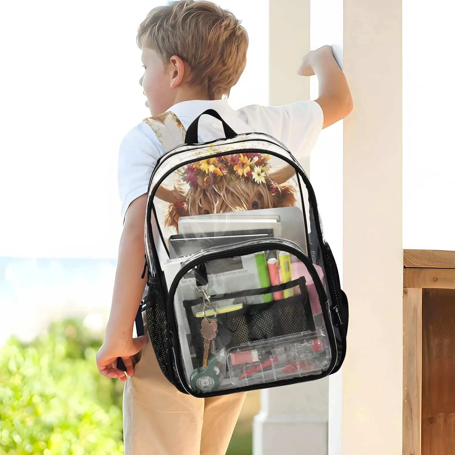 Clear School Backpacks Kids Clear Backpack For Adults Seethrough Heavy Duty Bag A Highland Calf with A Flower Crown Standing in A Grassy Field
