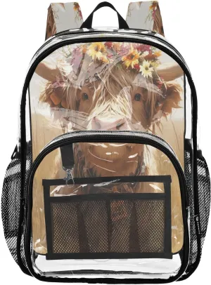 Clear School Backpacks Kids Clear Backpack For Adults Seethrough Heavy Duty Bag A Highland Calf with A Flower Crown Standing in A Grassy Field