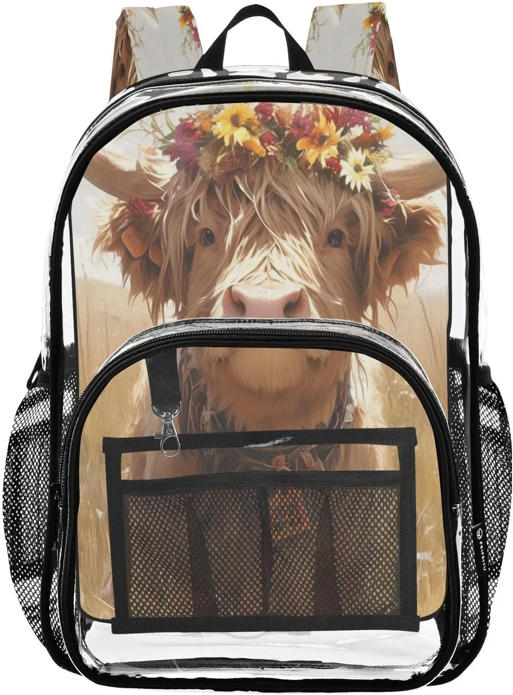 Clear School Backpacks Kids Clear Backpack For Adults Seethrough Heavy Duty Bag A Highland Calf with A Flower Crown Standing in A Grassy Field