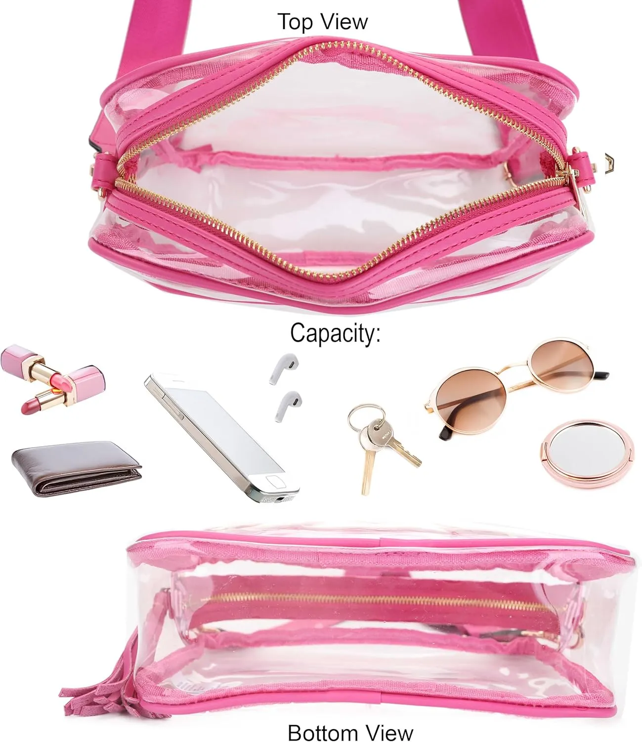Clear Transparent Crossbody Bag for Stadium Approved Concert Events with Adjustable and Detachable Strap and Tassel