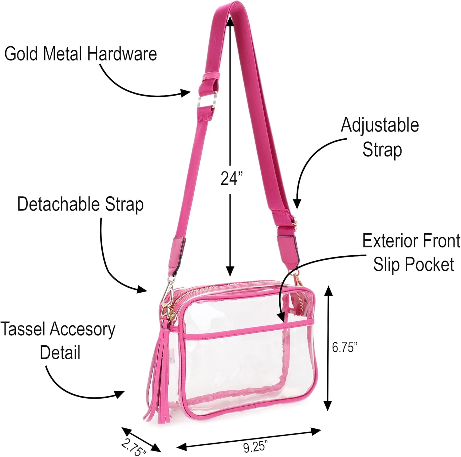 Clear Transparent Crossbody Bag for Stadium Approved Concert Events with Adjustable and Detachable Strap and Tassel