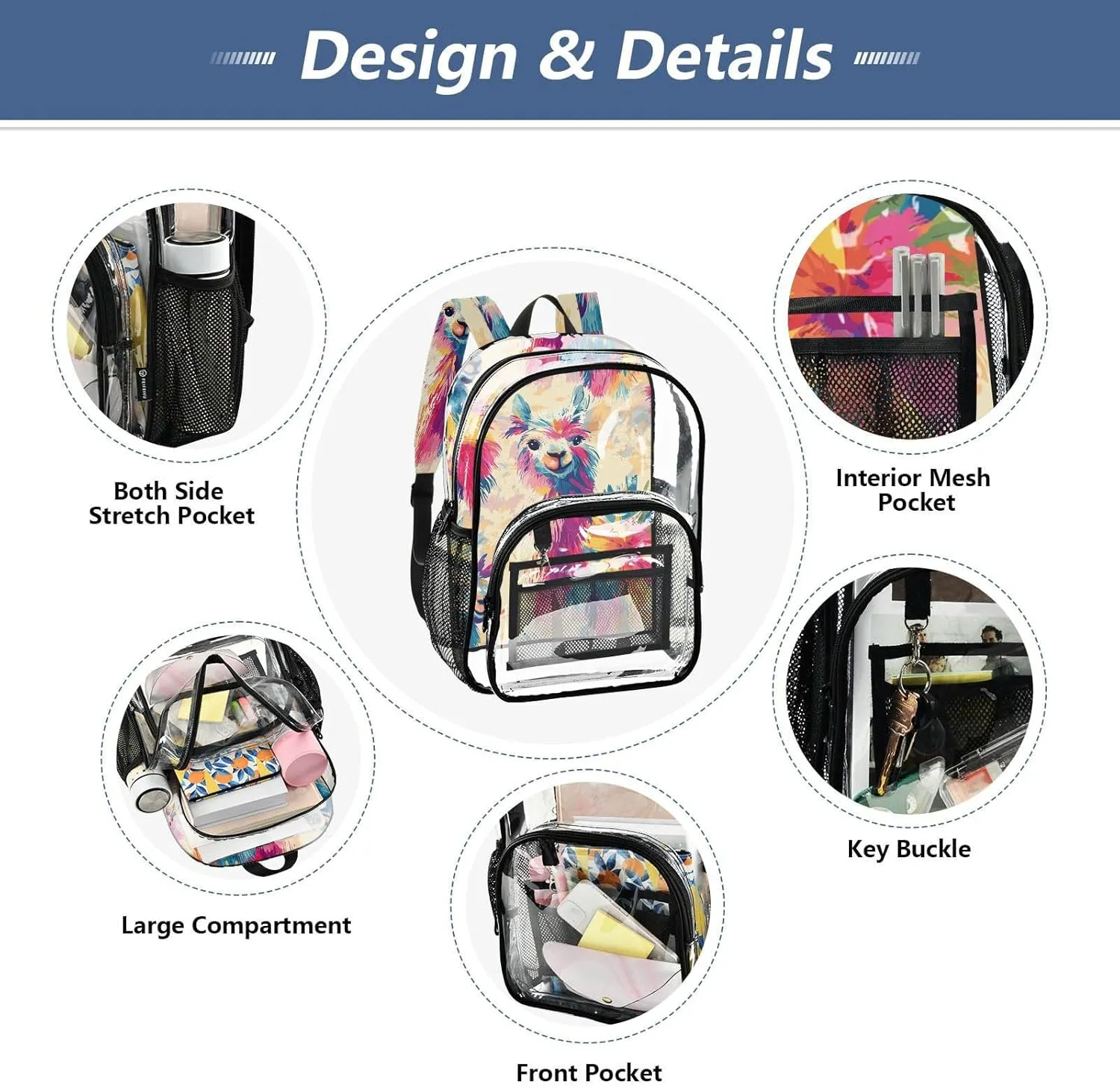 Colorful Llamas Tropical Paradise Backpack Clear For School Clear Backpacks For Teens See Through Transparent PVC Backpacks