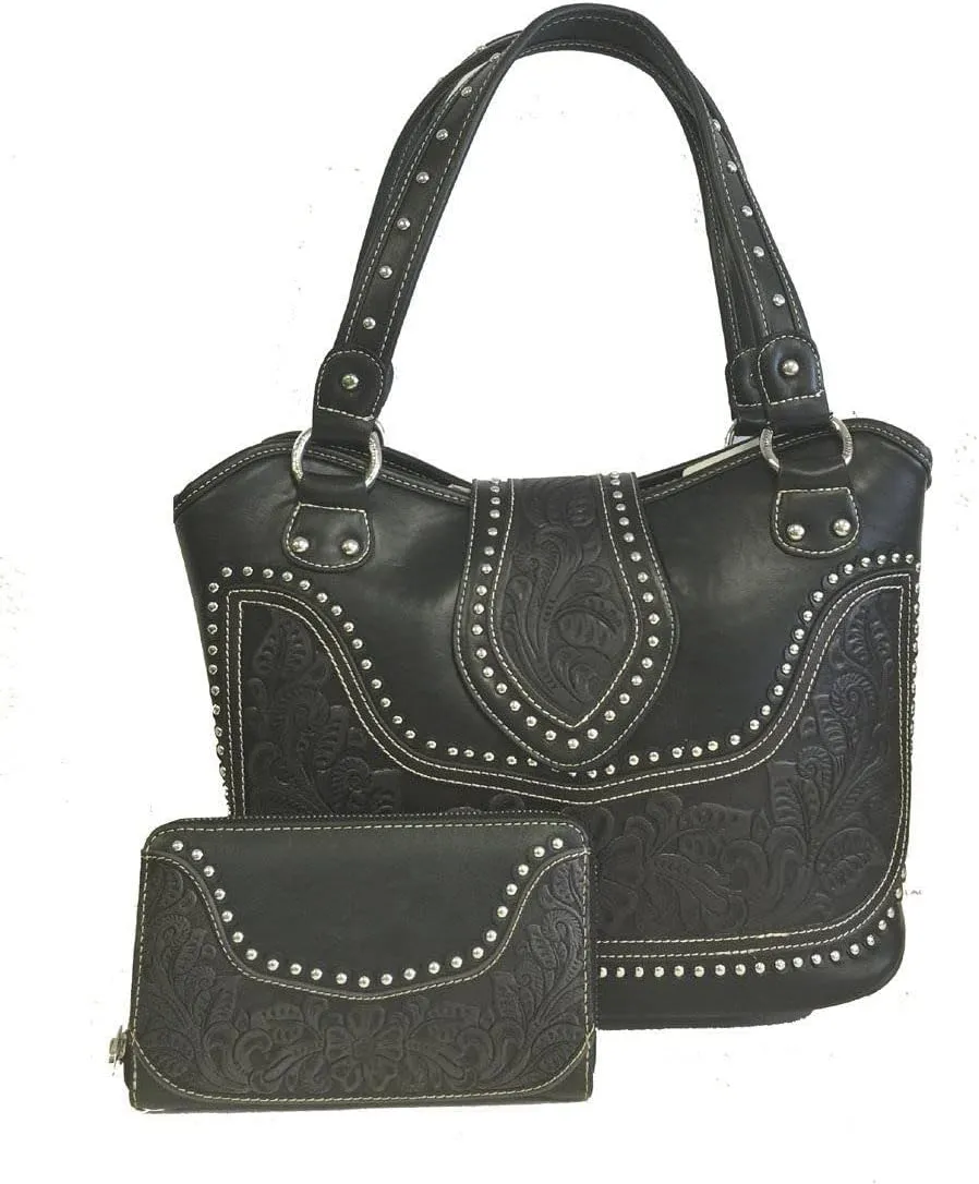 Concealed Carry Tooled Leather Shoulder Purse - Concealed Weapon Gun Bag w/ Matching Wallet By Montana West (Black)