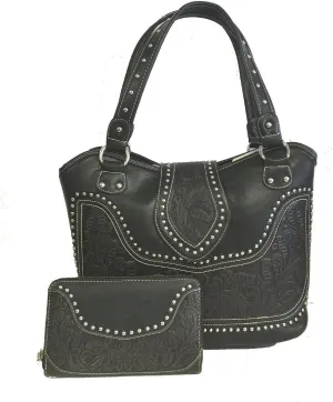 Concealed Carry Tooled Leather Shoulder Purse - Concealed Weapon Gun Bag w/ Matching Wallet By Montana West (Black)