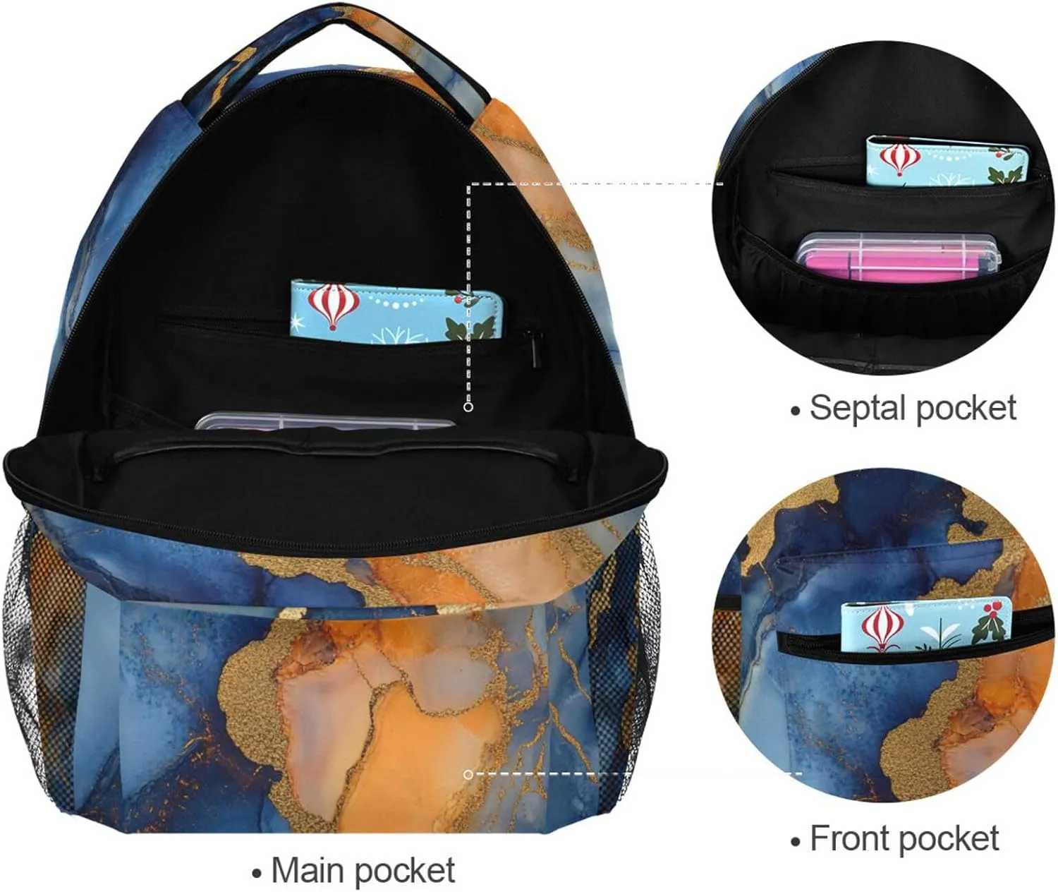 Cool Backpacks for Teacher Nurse Fashion Backpack With Water Bottle Pocket with Chest Strap Gift Men & Women Marble Orange Royal Blue
