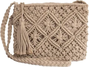 Cotton Macrame Purse Bag | Hand-Woven Knitted Crossbody Shoulder Strap Zipper | Cute Fringe Boho Coin | White Beige Gray