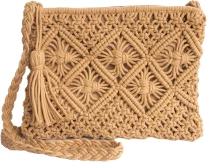 Cotton Macrame Purse Bag | Hand-Woven Knitted Crossbody Shoulder Strap Zipper | Cute Fringe Boho Coin | White Beige Gray