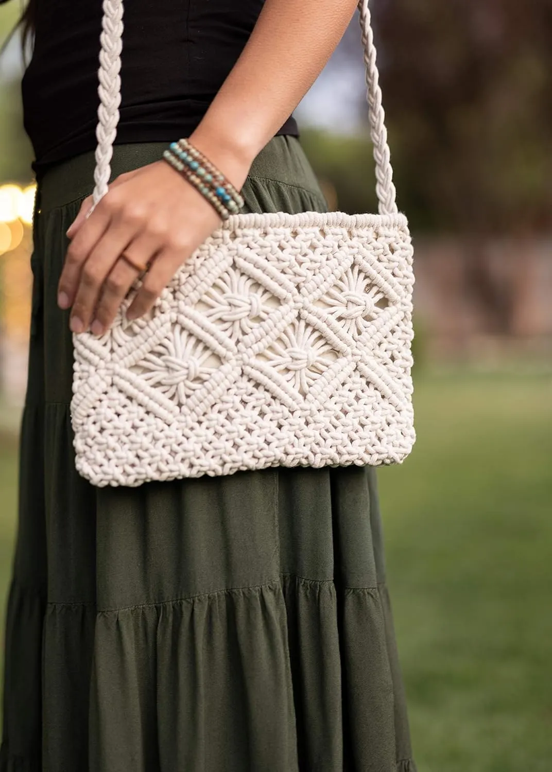 Cotton Macrame Purse Bag | Hand-Woven Knitted Crossbody Shoulder Strap Zipper | Cute Fringe Boho Coin | White Beige Gray