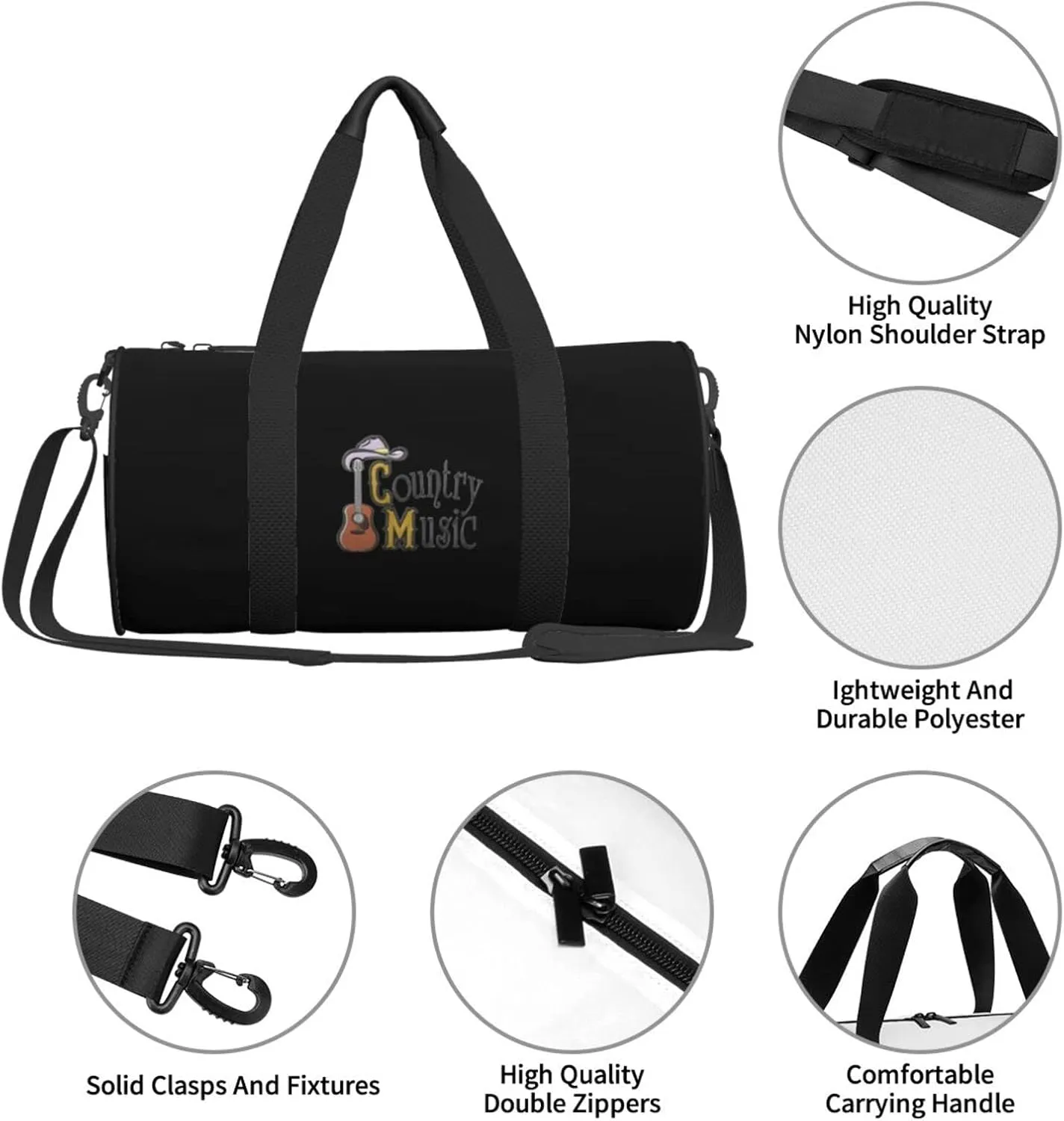 Country Music Travel Luggage Duffel Bag Sports Rolling Foldable Duffel Bag, Black