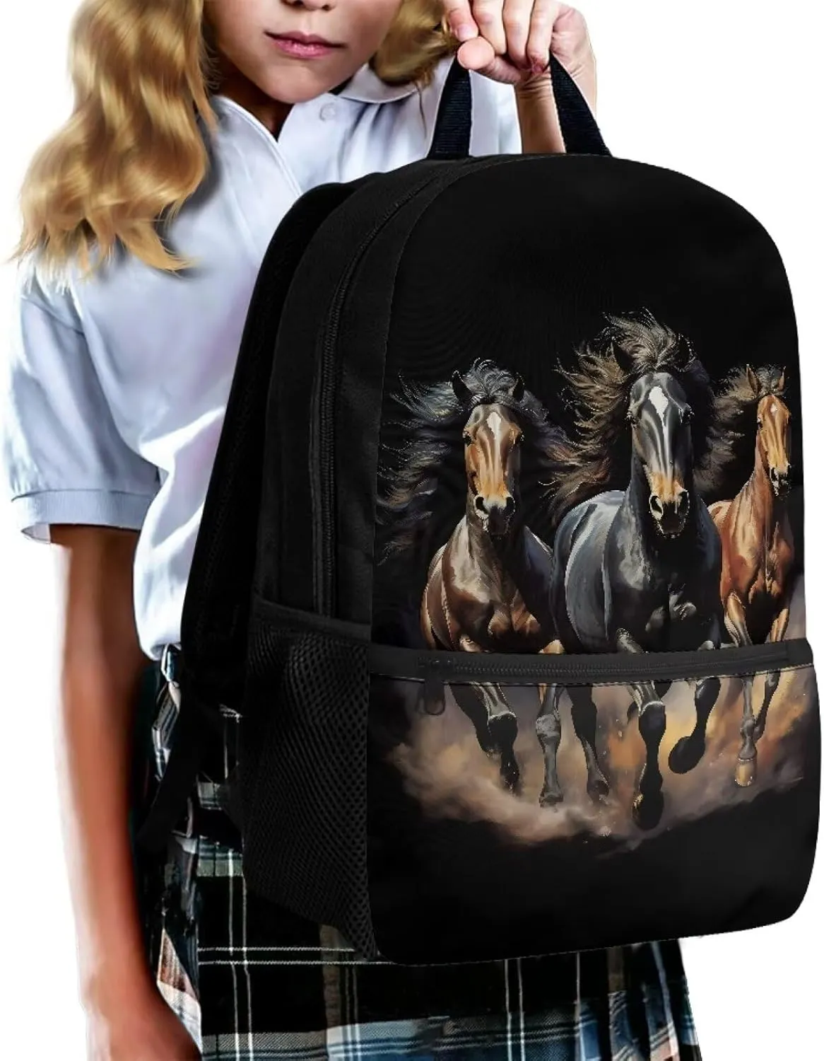 Crazy Horse Teen Backpack for School 17 Inch School Bag for Boys Girls 8-12 Kids Large Bookbags Black Schoolbag for Elementary School Student Hiking Camping Book Bag Laptop Backpacks