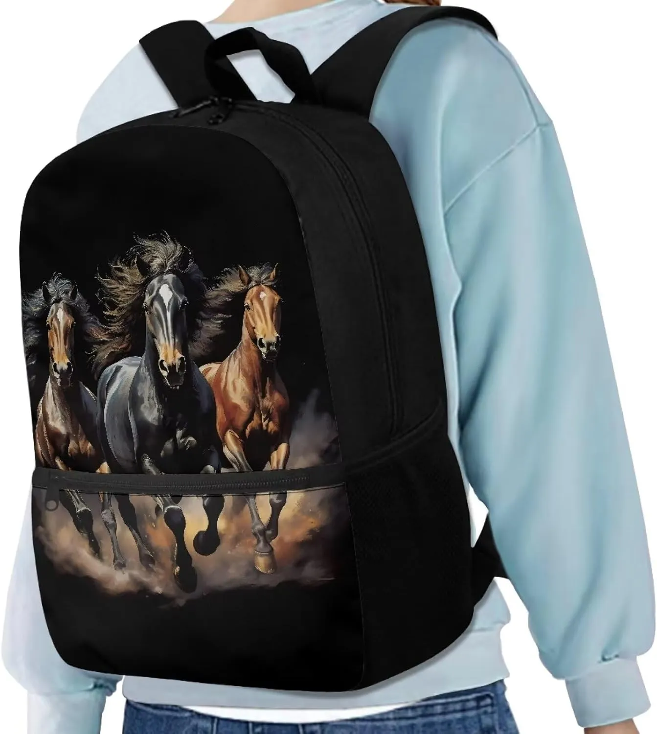 Crazy Horse Teen Backpack for School 17 Inch School Bag for Boys Girls 8-12 Kids Large Bookbags Black Schoolbag for Elementary School Student Hiking Camping Book Bag Laptop Backpacks