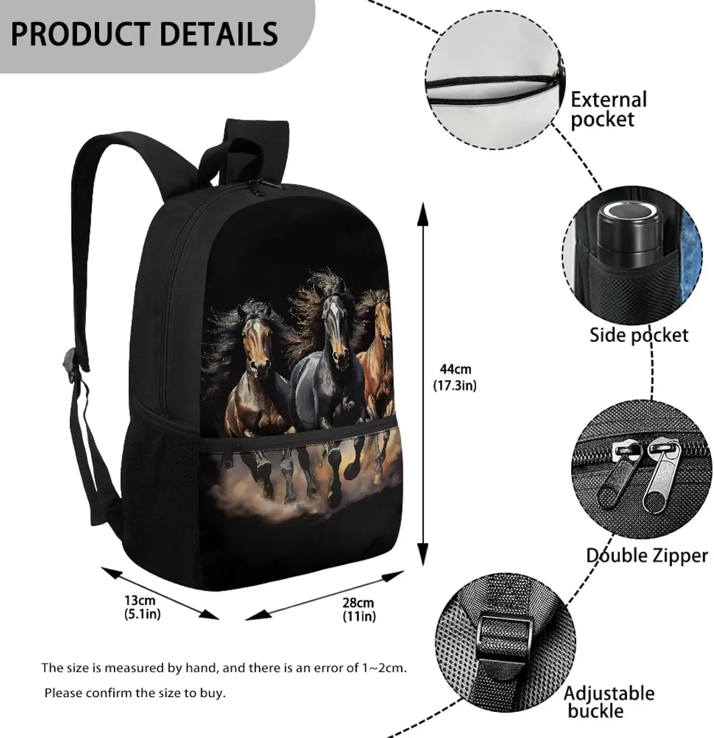 Crazy Horse Teen Backpack for School 17 Inch School Bag for Boys Girls 8-12 Kids Large Bookbags Black Schoolbag for Elementary School Student Hiking Camping Book Bag Laptop Backpacks