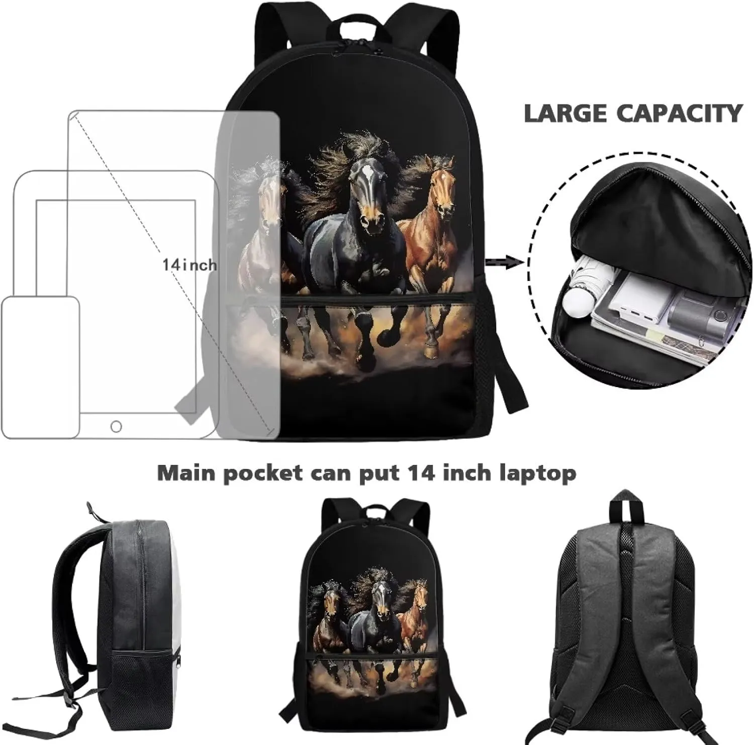 Crazy Horse Teen Backpack for School 17 Inch School Bag for Boys Girls 8-12 Kids Large Bookbags Black Schoolbag for Elementary School Student Hiking Camping Book Bag Laptop Backpacks