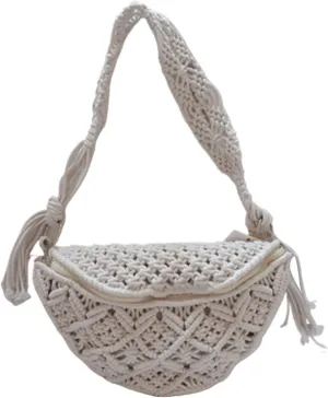 Crochet Beach Bag Boho Woven Cotton Rope Straw Crossbody Bag for Women Rustic Style Summer Gypsy Macrame Bag with Tassels Zipper Closure for Party, Travel, Date, Crochet Beach Bag/60