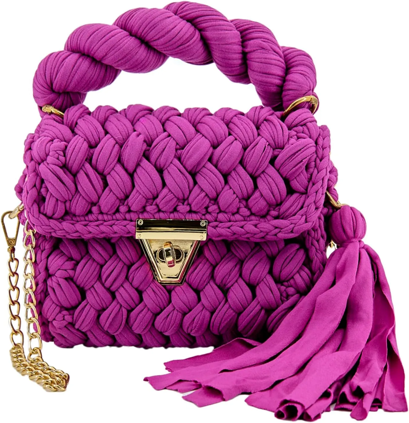 Crochet Shoulder Bag for Women, Crochet Crossbody Bag Purse for Wedding Beach, Evening Clutch Purses for Women with Tassels and Metal Chain
