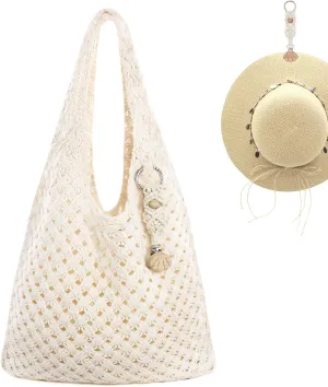 Crochet Tote Bag with Macrame Hat Clip for Travel Women Summer Beach Bag Aesthetic Knit Bag Cute Shoulder Bags