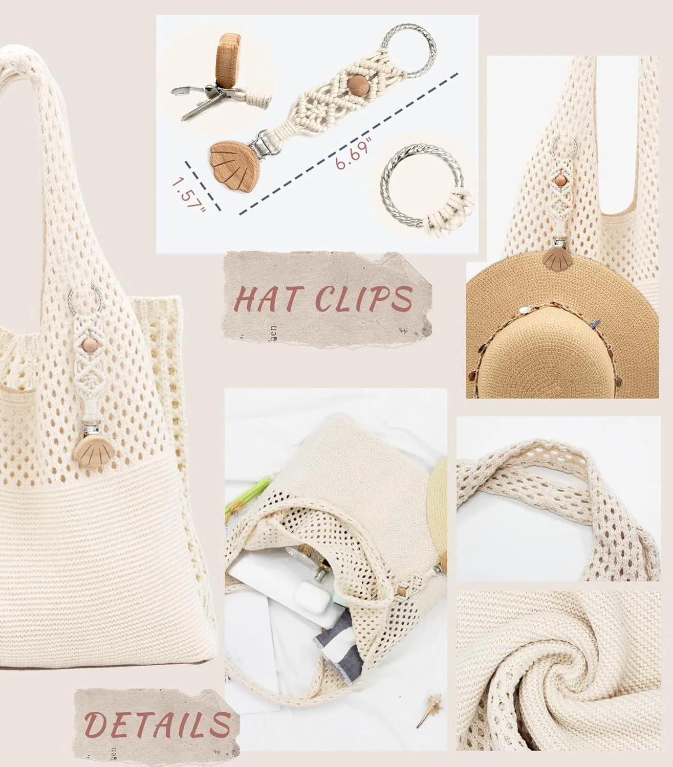 Crochet Tote Bag with Macrame Hat Clip for Travel Women Summer Beach Bag Aesthetic Knit Bag Cute Shoulder Bags