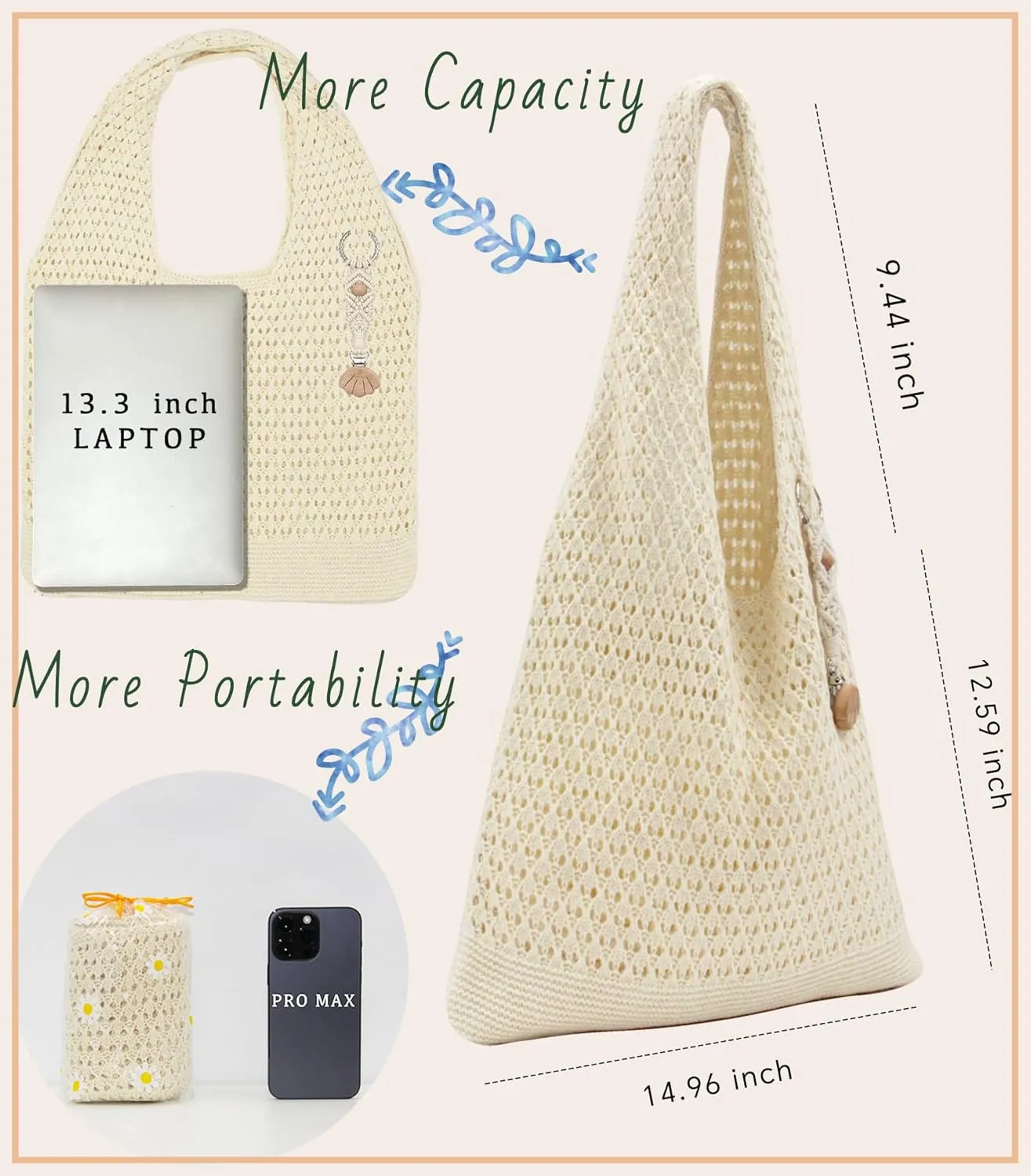 Crochet Tote Bag with Macrame Hat Clip for Travel Women Summer Beach Bag Aesthetic Knit Bag Cute Shoulder Bags