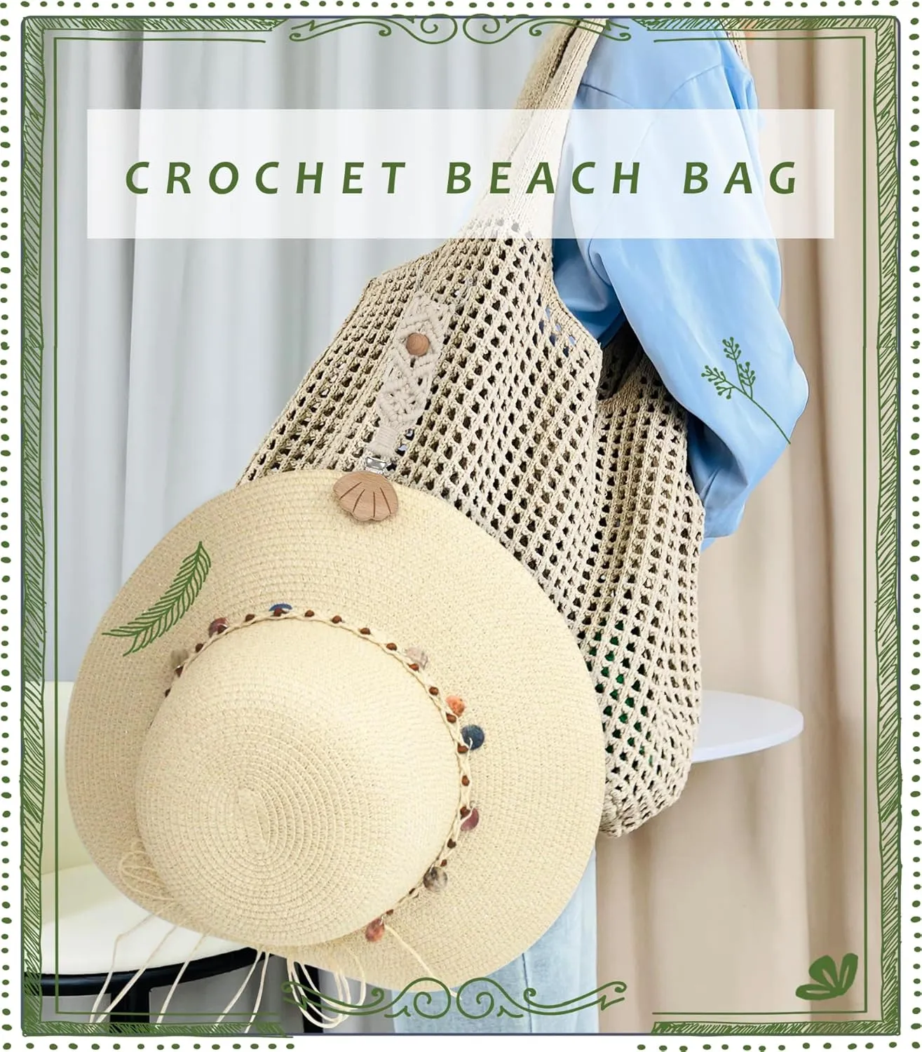 Crochet Tote Bag with Macrame Hat Clip for Travel Women Summer Beach Bag Aesthetic Knit Bag Cute Shoulder Bags