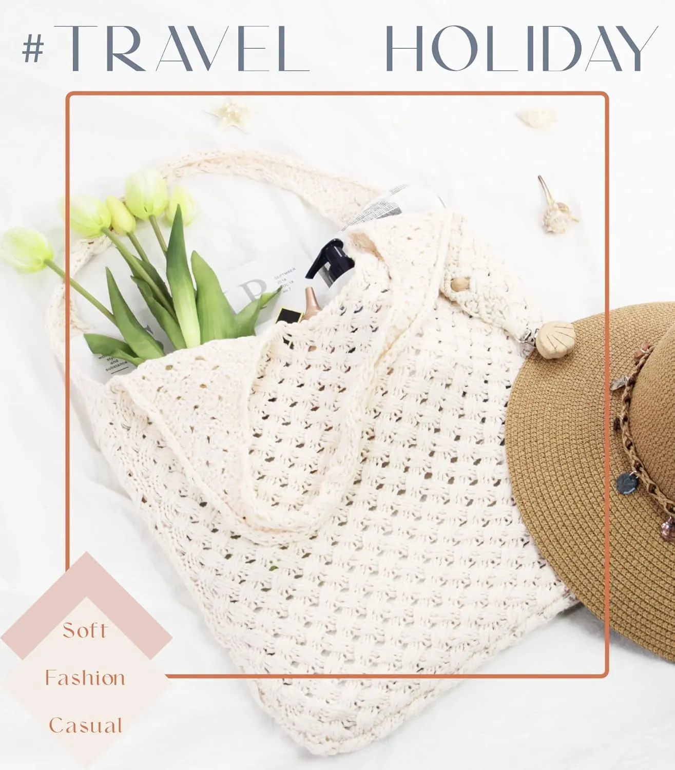Crochet Tote Bag with Macrame Hat Clip for Travel Women Summer Beach Bag Aesthetic Knit Bag Cute Shoulder Bags