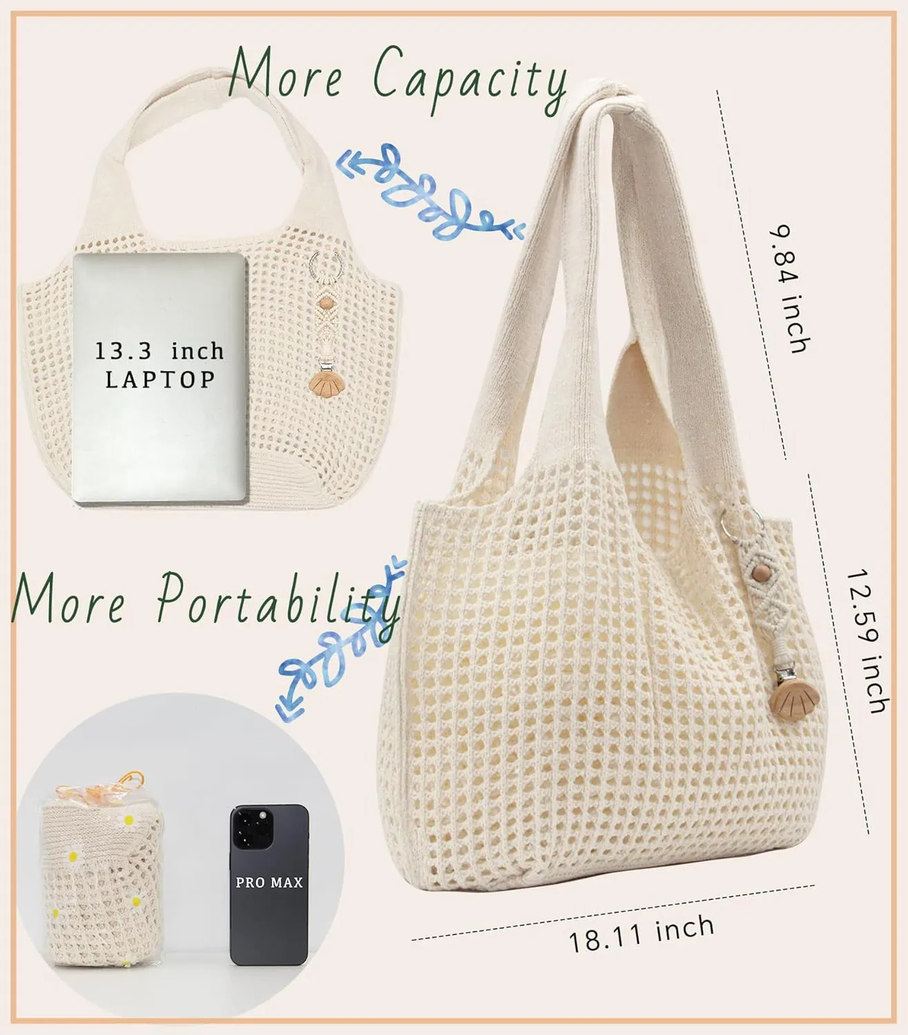 Crochet Tote Bag with Macrame Hat Clip for Travel Women Summer Beach Bag Aesthetic Knit Bag Cute Shoulder Bags