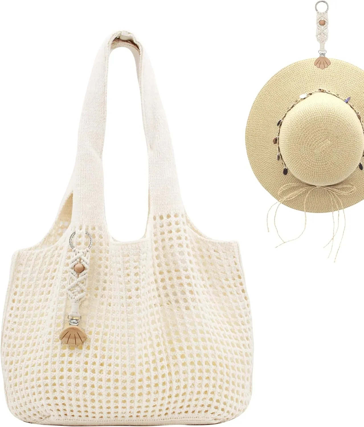 Crochet Tote Bag with Macrame Hat Clip for Travel Women Summer Beach Bag Aesthetic Knit Bag Cute Shoulder Bags