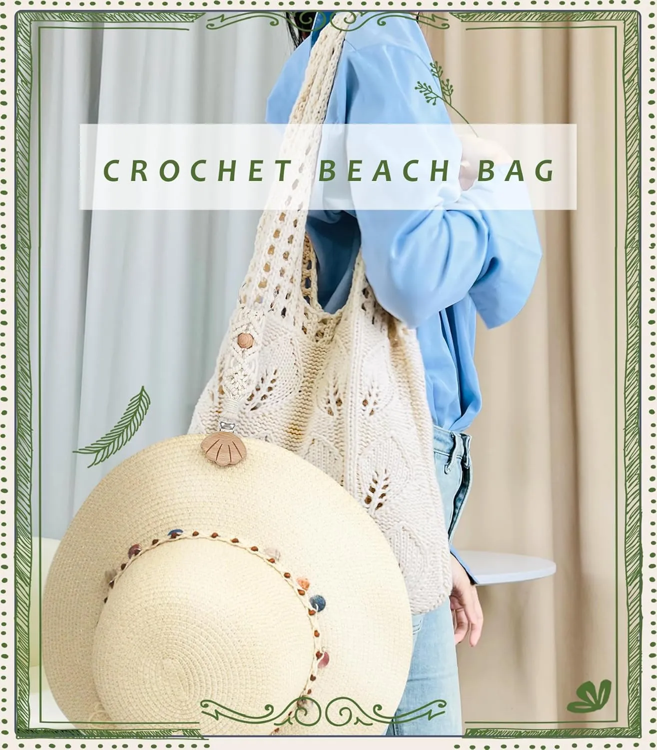 Crochet Tote Bag with Macrame Hat Clip for Travel Women Summer Beach Bag Aesthetic Knit Bag Cute Shoulder Bags