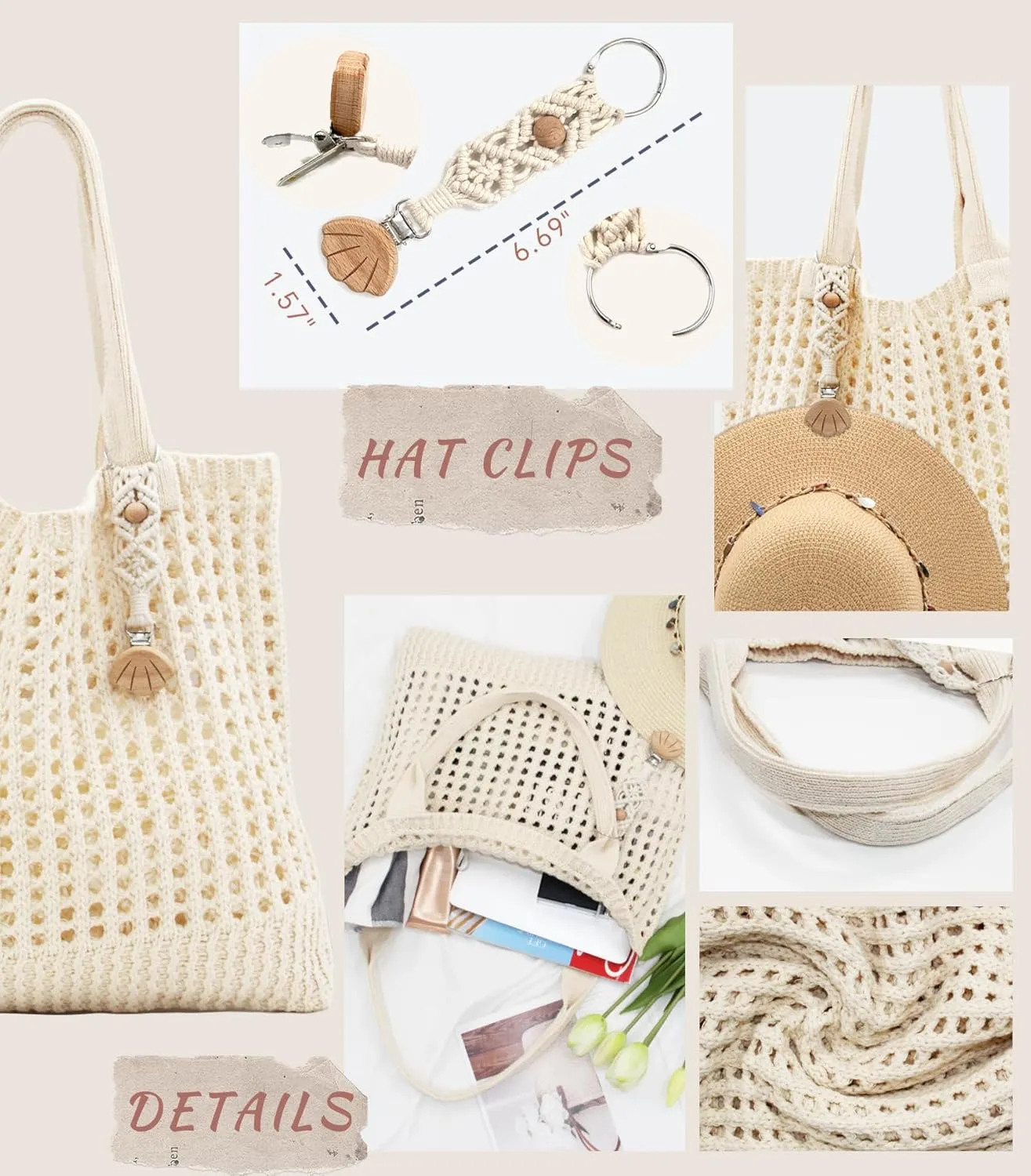 Crochet Tote Bag with Macrame Hat Clip for Travel Women Summer Beach Bag Aesthetic Knit Bag Cute Shoulder Bags