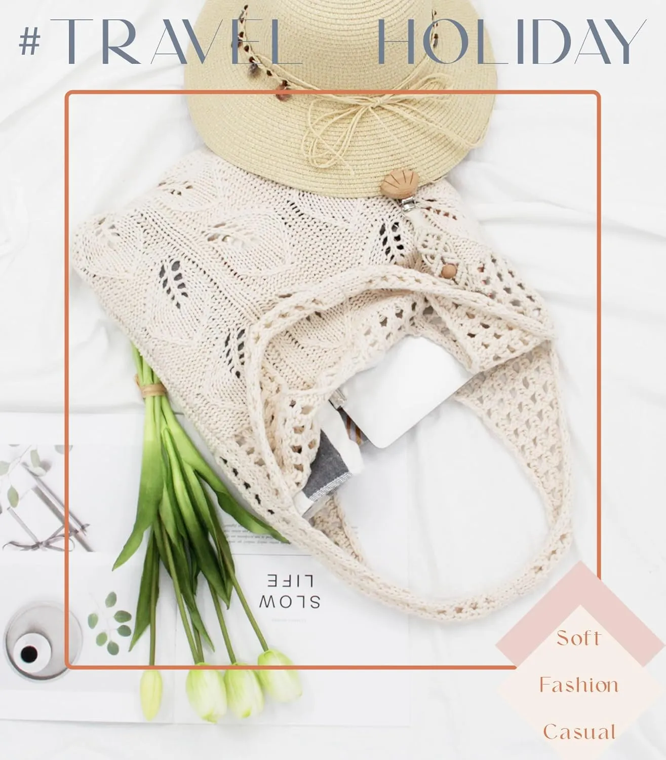 Crochet Tote Bag with Macrame Hat Clip for Travel Women Summer Beach Bag Aesthetic Knit Bag Cute Shoulder Bags