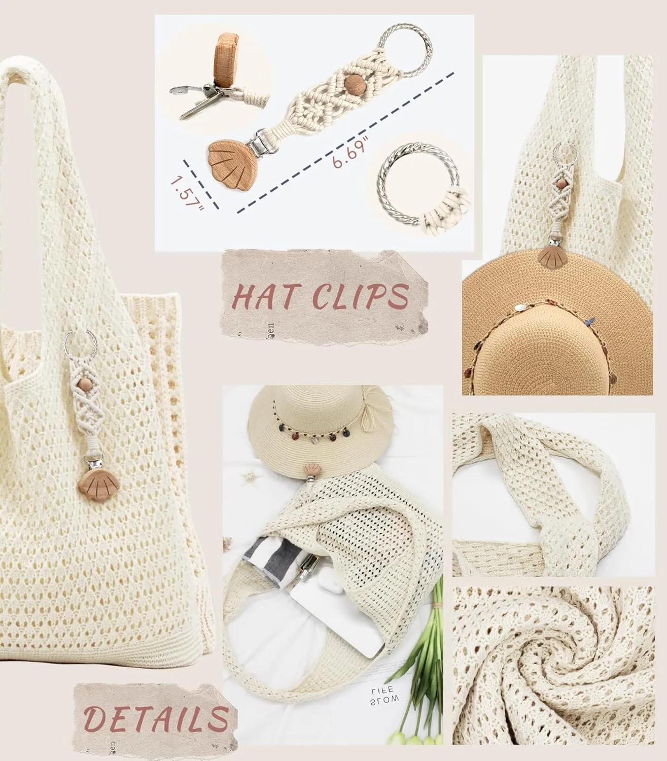 Crochet Tote Bag with Macrame Hat Clip for Travel Women Summer Beach Bag Aesthetic Knit Bag Cute Shoulder Bags