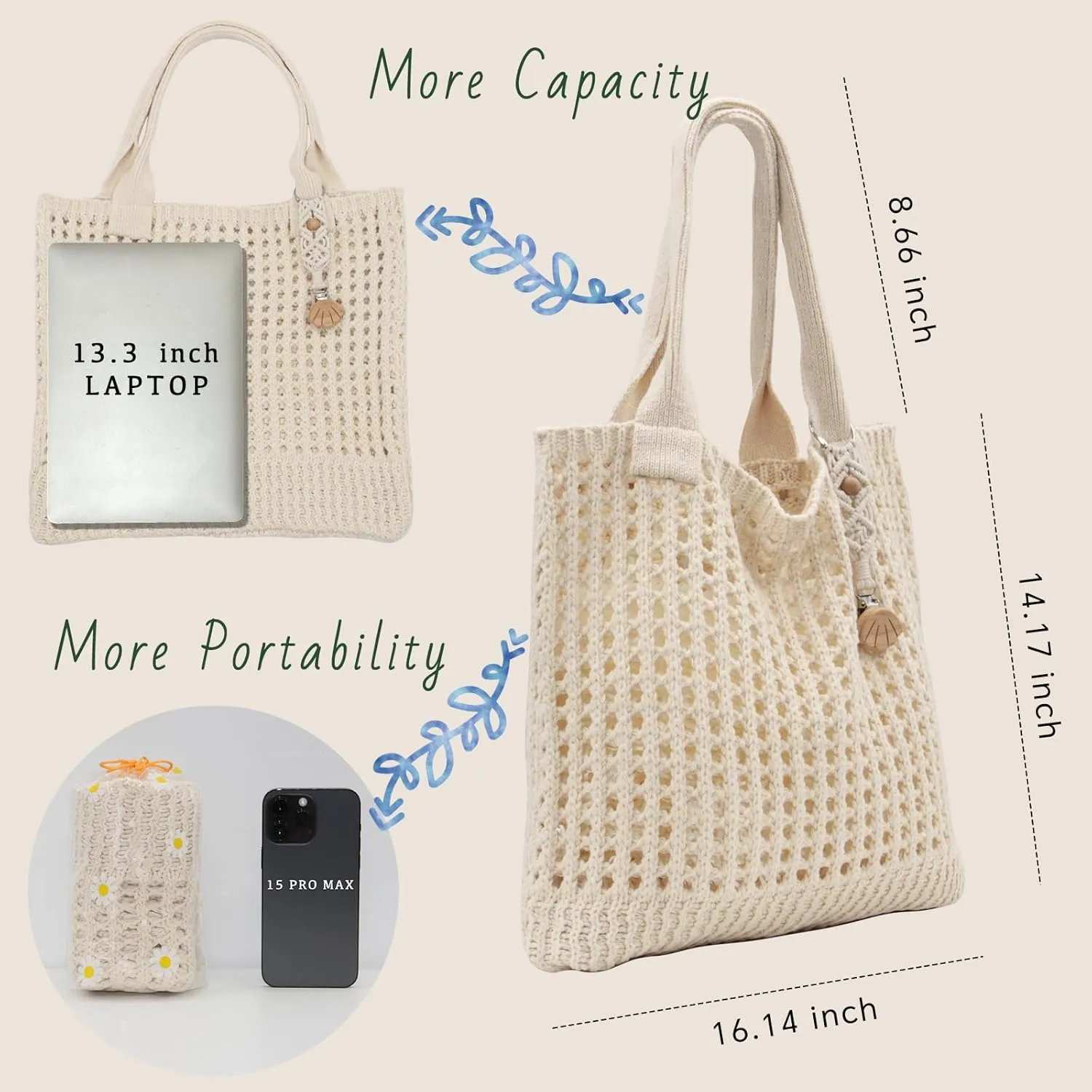 Crochet Tote Bag with Macrame Hat Clip for Travel Women Summer Beach Bag Aesthetic Knit Bag Cute Shoulder Bags