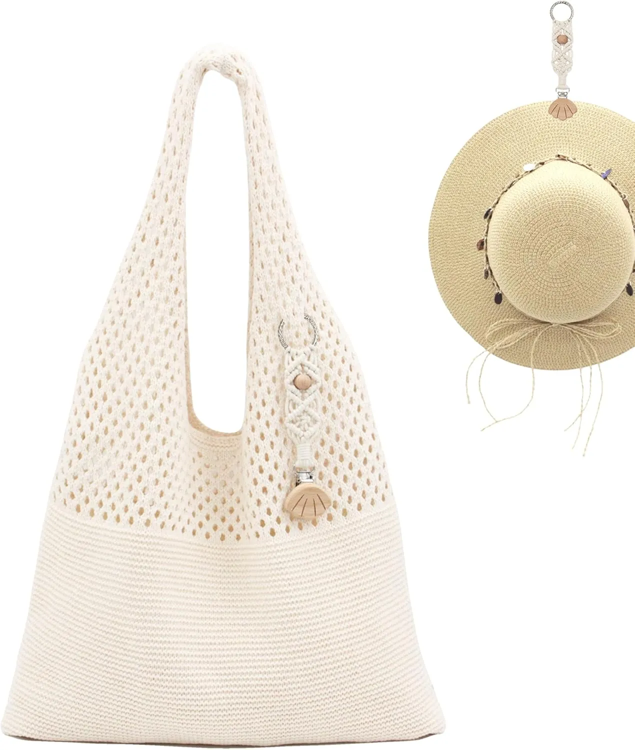 Crochet Tote Bag with Macrame Hat Clip for Travel Women Summer Beach Bag Aesthetic Knit Bag Cute Shoulder Bags