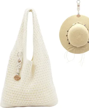 Crochet Tote Bag with Macrame Hat Clip for Travel Women Summer Beach Bag Aesthetic Knit Bag Cute Shoulder Bags