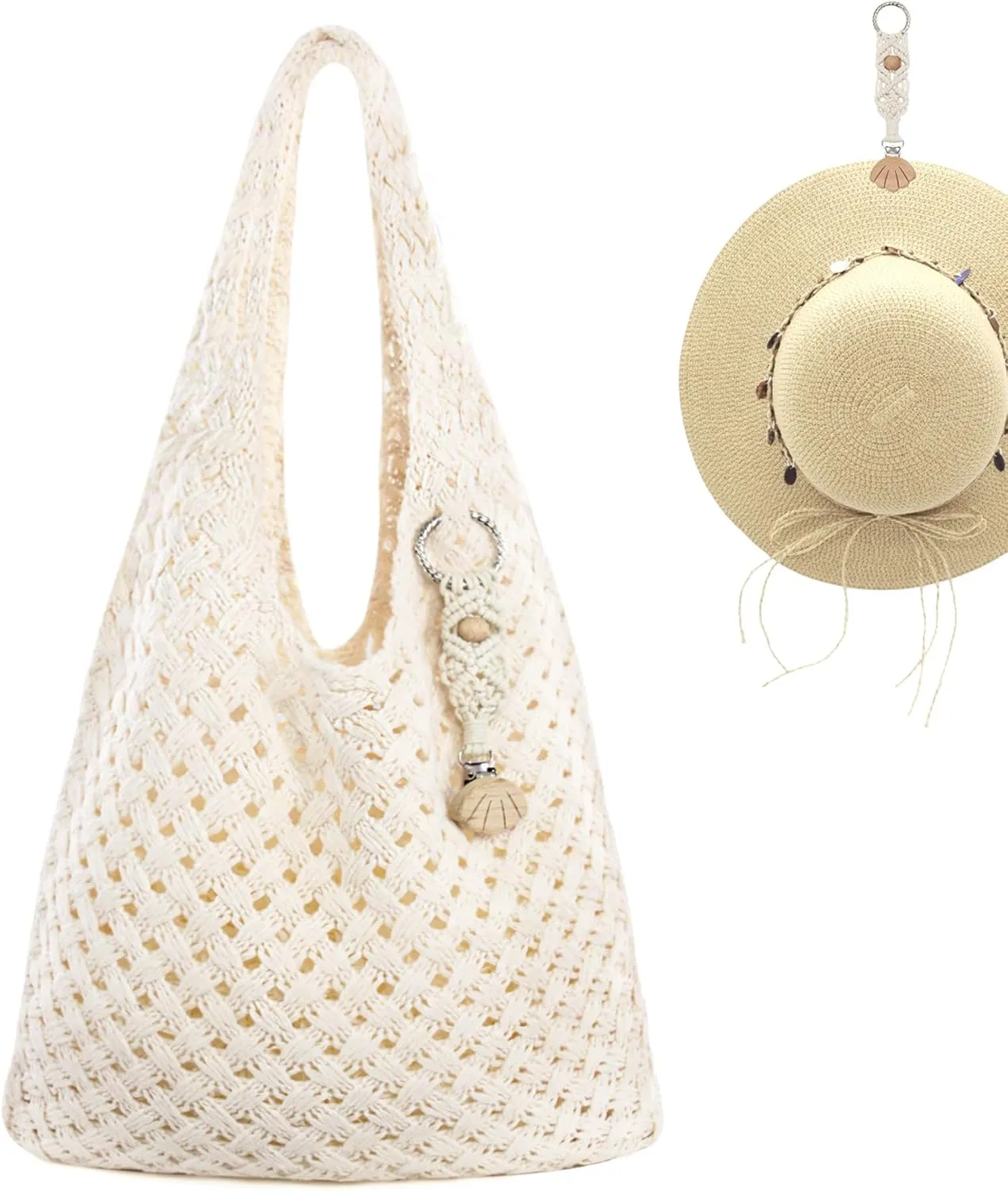 Crochet Tote Bag with Macrame Hat Clip for Travel Women Summer Beach Bag Aesthetic Knit Bag Cute Shoulder Bags