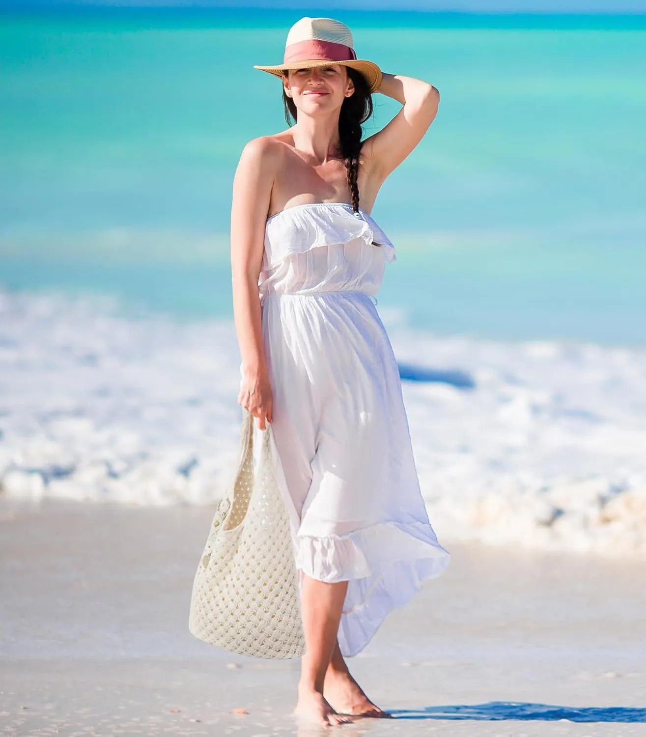 Crochet Tote Bag with Macrame Hat Clip for Travel Women Summer Beach Bag Aesthetic Knit Bag Cute Shoulder Bags