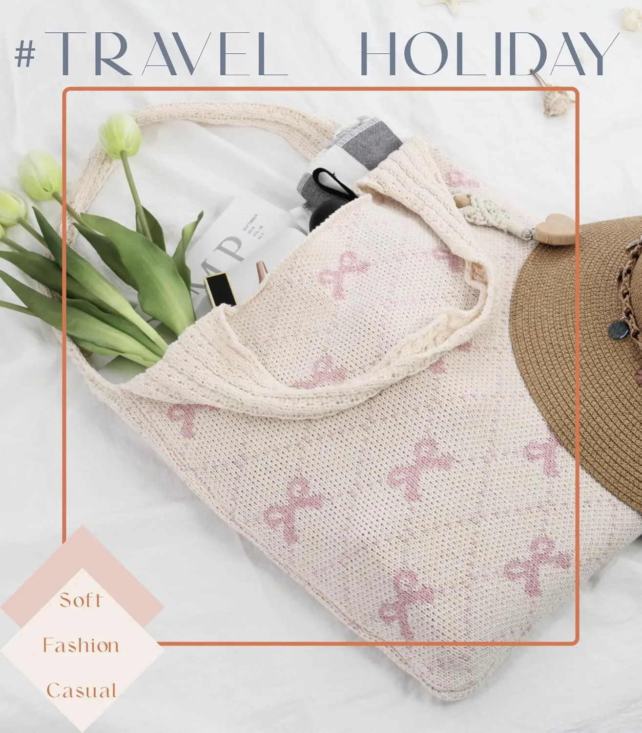 Crochet Tote Bag with Macrame Hat Clip for Travel Women Summer Beach Bag Aesthetic Knit Bag Cute Shoulder Bags