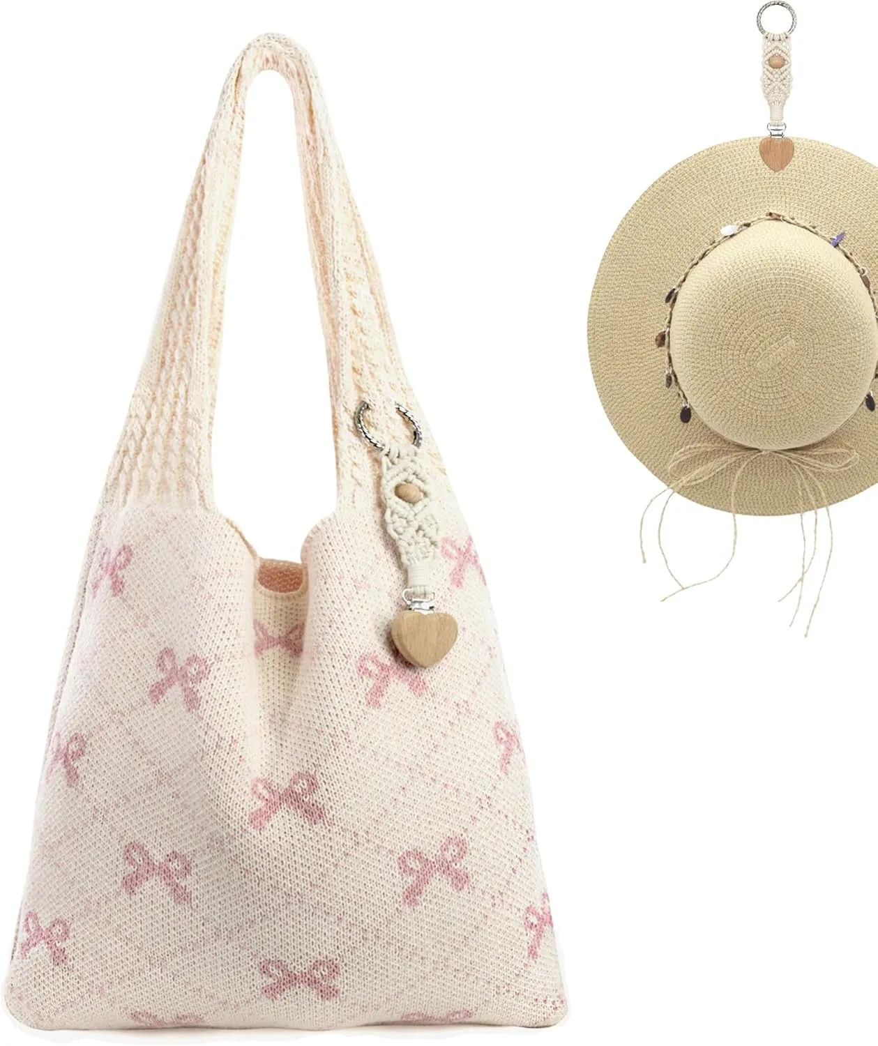Crochet Tote Bag with Macrame Hat Clip for Travel Women Summer Beach Bag Aesthetic Knit Bag Cute Shoulder Bags