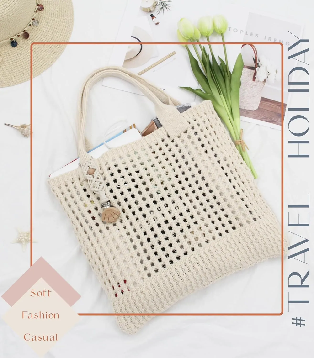 Crochet Tote Bag with Macrame Hat Clip for Travel Women Summer Beach Bag Aesthetic Knit Bag Cute Shoulder Bags