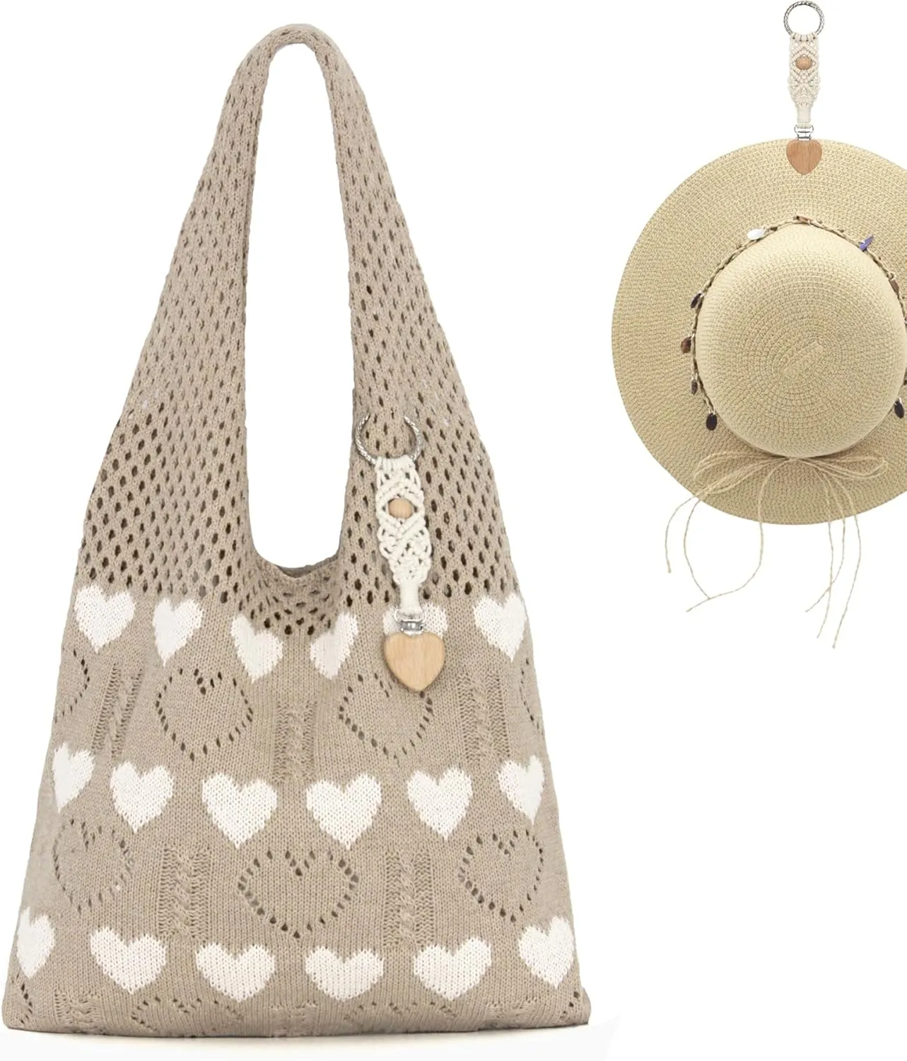 Crochet Tote Bag with Macrame Hat Clip for Travel Women Summer Beach Bag Aesthetic Knit Bag Cute Shoulder Bags