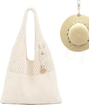 Crochet Tote Bag with Macrame Hat Clip for Travel Women Summer Beach Bag Aesthetic Knit Bag Cute Shoulder Bags