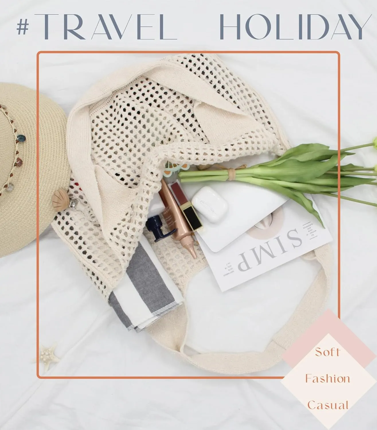 Crochet Tote Bag with Macrame Hat Clip for Travel Women Summer Beach Bag Aesthetic Knit Bag Cute Shoulder Bags