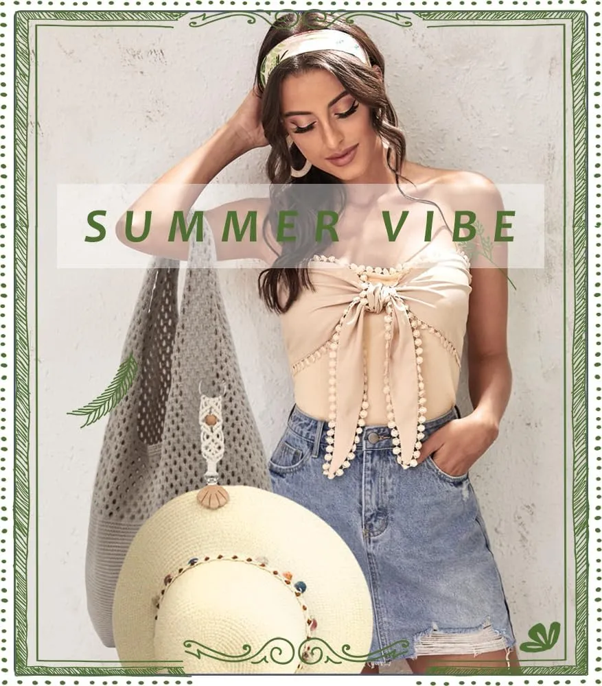 Crochet Tote Bag with Macrame Hat Clip for Travel Women Summer Beach Bag Aesthetic Knit Bag Cute Shoulder Bags