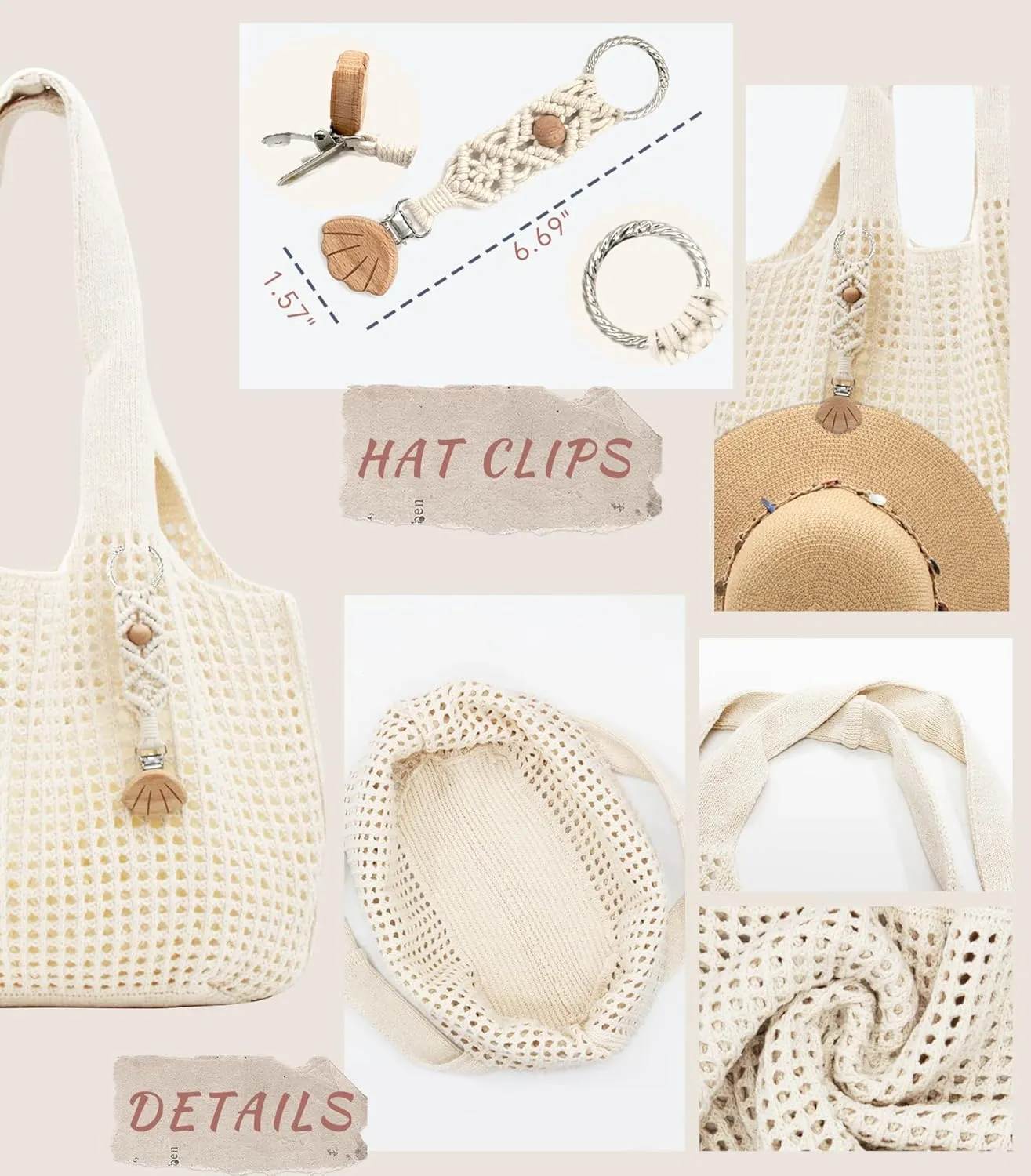 Crochet Tote Bag with Macrame Hat Clip for Travel Women Summer Beach Bag Aesthetic Knit Bag Cute Shoulder Bags